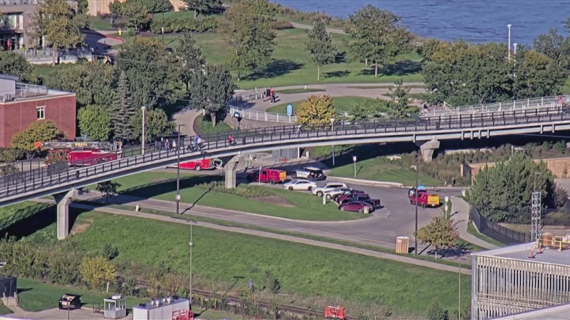 Emergency rescue underway at Bob Kerrey Pedestrian Bridge