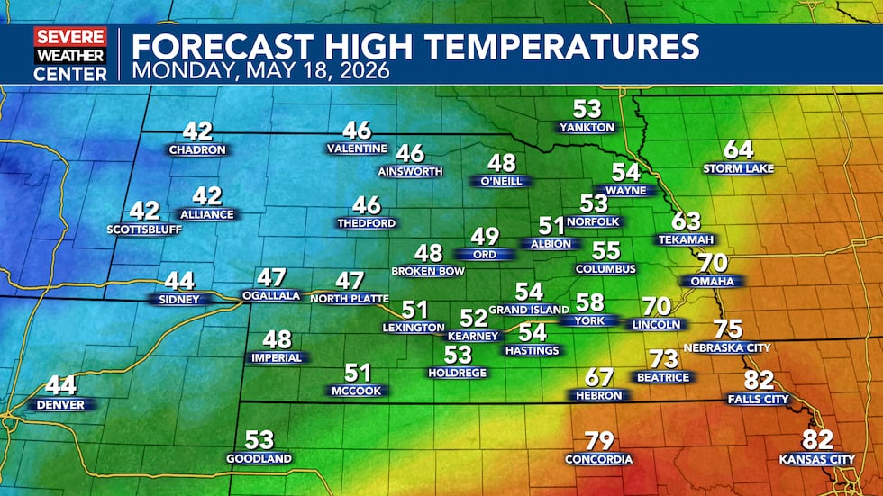 Forecast high temperatures for Monday, May 18th