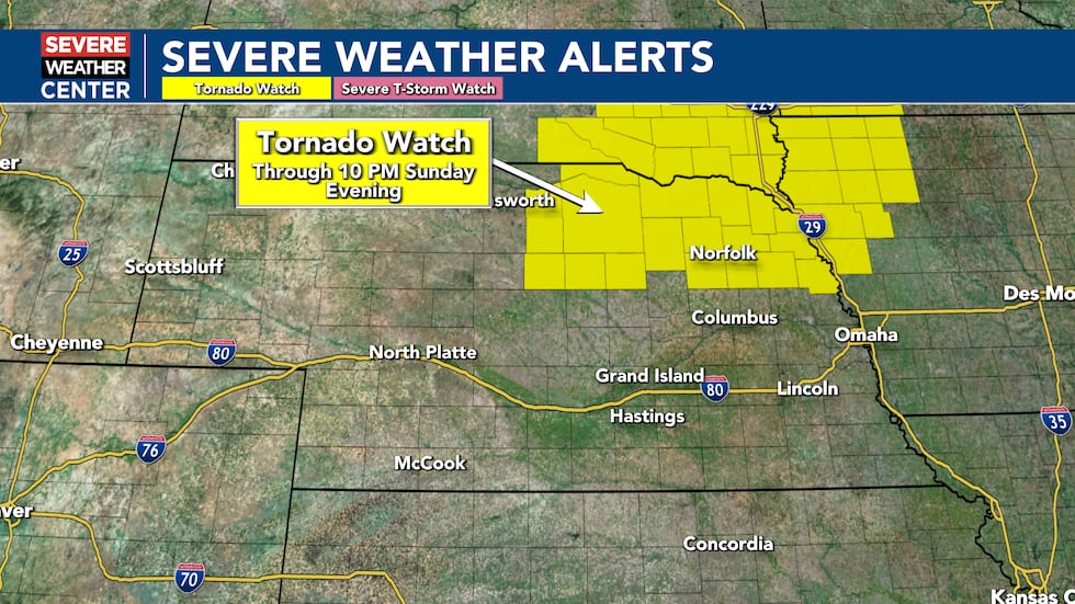Tornado Watch until 10 PM Sunday evening.