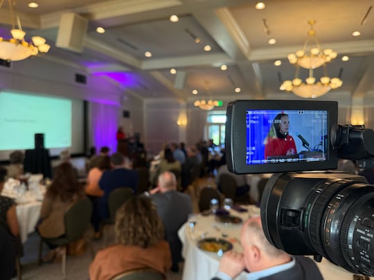 State Sen. Danielle Conrad speaks to a crowd at the State Legislative Preview on Wednesday,...