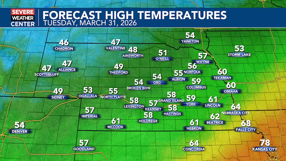 Busque máximas que caigan a los 40, 50 y 60 grados el martes con ráfagas de viento del noroeste.
