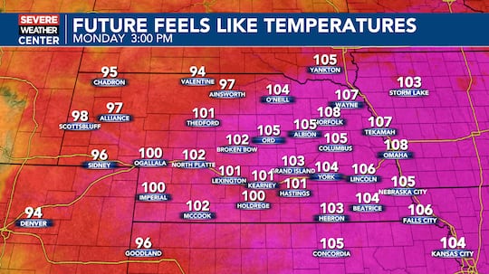Peak heat index values into Monday afternoon could reach 105 to 110 degrees