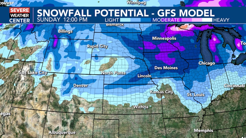 据美国GFS模型显示,内布拉斯加州东南部出现大雪,造成带状大雪蔓延……