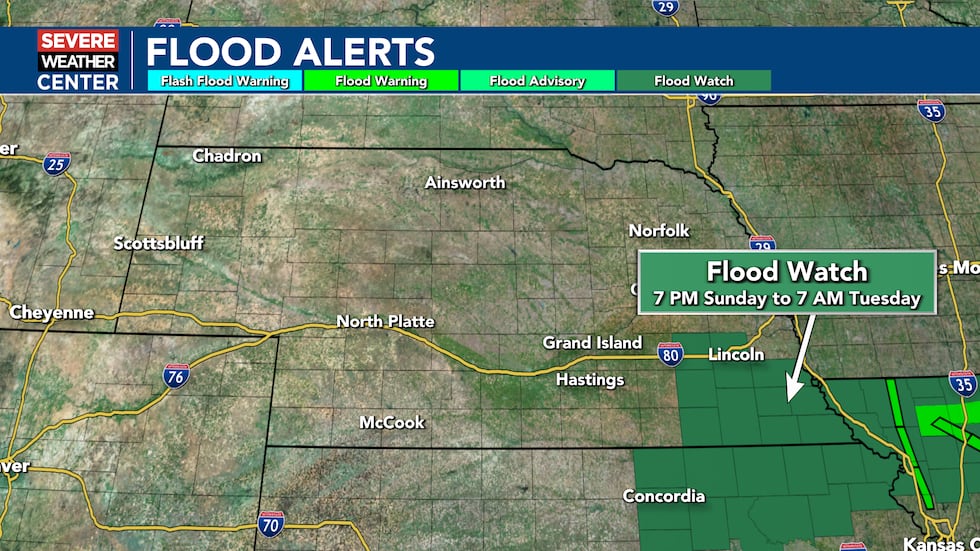 Flood Watch is in place across southeast Nebraska from 7 PM Sunday to 7 AM Tuesday.