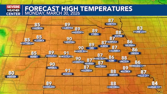 Highs reach into the upper 80s and low 90s on Monday.